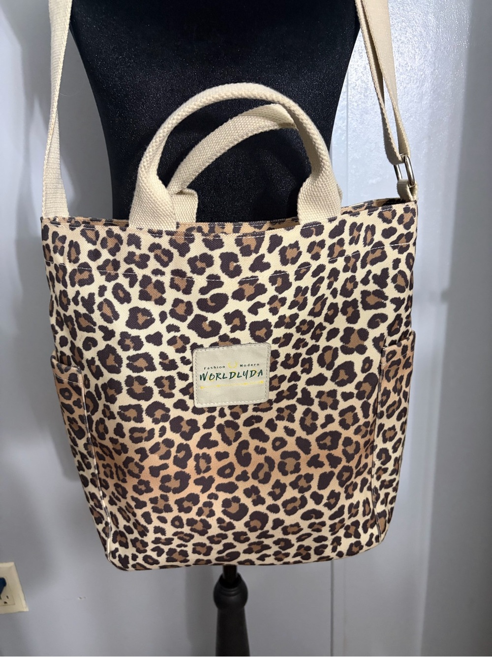 Leopard Print Canvas Tote Bag in Brown